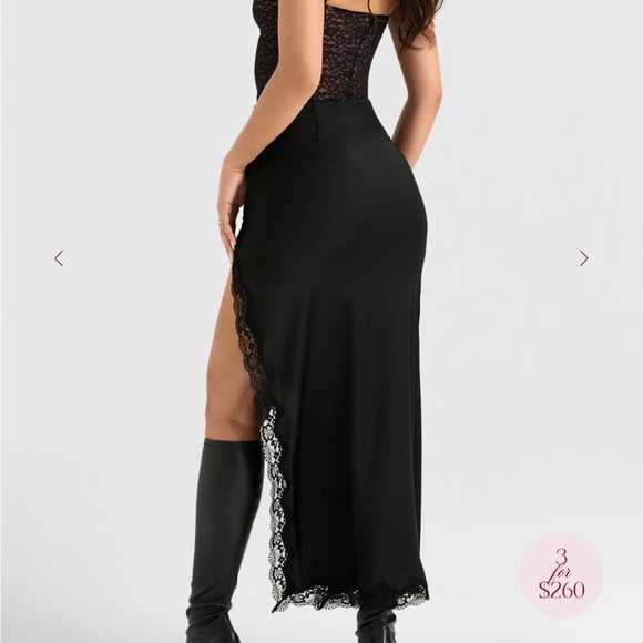 House of CB RUBY NWT Black Satin Lace Trim Midi Skirt Small - Picture 5 of 10